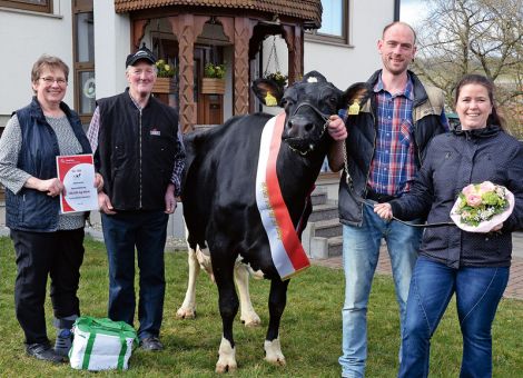 Über 100 000 Liter Milch hat die Kuh Anne (im Bild mit ihren Besitzern Christa (von links), Eberhard und Michael Mehler sowie Jennifer Baier) auf dem Hof Mehler in Hilders-Steinbach bislang gegeben. Zuchtleiter Jost Grünhaupt verwies auf die festen Klauen, die ausgeprägten Sprunggelenke und Fesseln, die für die Gesundheit und die Langlebigkeit eines Tieres mit von Bedeutung sind. „Vom ersten Kalb an produzierte Anne Milch auf sehr hohem Niveau, konstant über Jahre hinweg“, stellte Grünhaupt heraus. Ihr fester Eutersitz sowie die optimale Verteilung der Zitzen eigneten sich hervorragend für jedes Melksystem. Bereits ihre Mutter gab über 70 000 Liter Milch.  Bei ihrem Vater handele es sich um Ecco, einen weithin bekannten und erfolgreichen Vererber. „Unterm Strich“ jedoch sei es die Betriebsleiter-Familie Mehler, die ihre 130 Milchkühe umfassende Herde in dem rund 550 Meter hoch gelegenen Rhöner Grünlandbetrieb am Fuße der Milseburg mit Herz, Fachverstand und einem ganz vorbildlichen Einsatz führe. Anne sei bereits die siebte Kuh der Familie Mehler mit solch einer hohen Lebensleistung.Text/Foto: Karl-Heinz Burkhardt