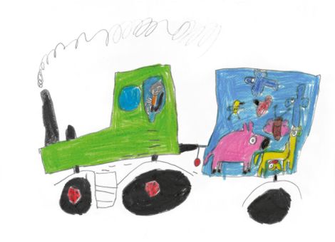 Veit (8 Jahre) aus Nidderau-Ostheim hat dieses tolle Bild gemalt. Es zeigt seine Oma Christina in ihrem Fendt. Im Anhänger transportiert sie eine Menge Tiere: ein Schwein, ein Alpaka und sogar Vögel und Insekten.