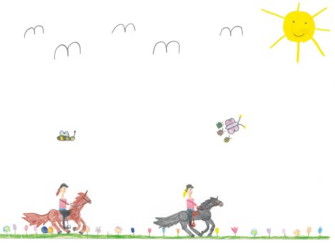 Coleen (9) Jahre aus Riedstadt hat dieses tolle Bild gemalt, auf dem zwei Reiterinnen mit ihren Pferden einen Ausflug unternehmen. Ihr Pate Stephan hat uns das Kunstwerk zugeschickt.