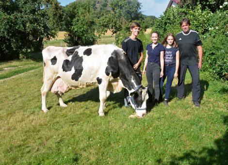 Das charakteristische Bild einer sehr leistungsstarken Kuh zeigt die Aliza-Tochter Antike aus dem Zuchtbetrieb der Familie Steinmetz in Maden. Mit ihrer schrägen, tiefen Rippe und dem gleichmäßigen, langangesetzten Euter kann man das Potenzial, das diese Kuh über ihr ganzes Leben gezeigt hat, sehr gut erkennen. Die Durchschnittsleistung liegt mit sieben Abkalbungen bei 11 000 kg Milch, und das ohne irgendwelche Sondermaßnahmen, wie die gesamte Familie Steinmetz bestätigt. Da es von Antike bereits weibliche Nachzucht in der Herde gibt, wird die überlegene Veranlagung im Betrieb weiterhin zur Füllung des Milchtanks beitragen. Wie nicht selten bei Lebensleistungskühen, zeigte auch Antike bei ihrer Würdigung ihr Durchsetzungsvermögen, aber nach etwas Geduld gelang es, die Kuh vor dem Wahrzeichen des Dorfes – den Mader Stein – aufs Bild zu bringen. Wie bei einer hohen Lebensleistung gehört auch bei diesen Terminen manchmal etwas Geduld dazu.   Text/Foto: Grünhaupt, LLH Kassel