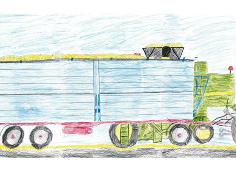 Von Jakob (10 Jahre) aus Schenklengsfeld-Oberlengsfeld erhielten wir dieses tolle Kunstwerk. Es zeigt seinen Freund Karli und ihn selbst mit einem Fendt 828 Vario und einem Dreiachsanhänger von Kögel. Die beiden haben Getreide geladen. Im Hintergrund sieht man einen Mähdrescher T 670i von John Deere.