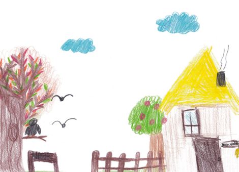 Rabenvögel, buntes Herbstlaub an den Bäumen, ein Apfelbaum, der Früchte trägt – dieses wunderbar stimmungsvolle Herbstbild hat Mila (9 Jahre) aus Wölfersheim für die Kinderseite gemalt.