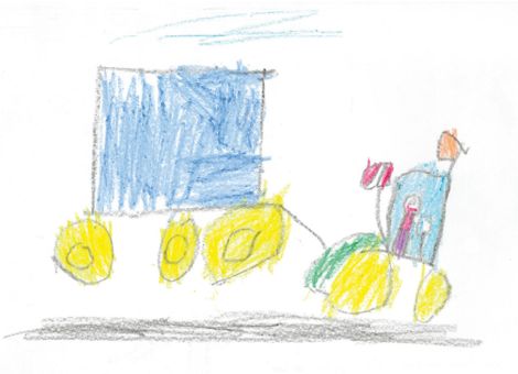 Auf 
diesem wunderbaren Bild von Leo (5 Jahre) aus Phi­lippsthal-Gethsemane seht ihr einen Traktor von John Deere mit Getreidekipper. Leo sitzt selbst am Steuer.
