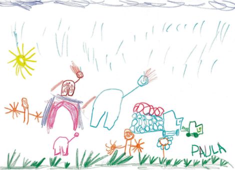Paula (4 Jahre) aus Poppenhausen-Steinwand hat diese herrliche Fantasiewiese mit bunten Pferden, Traktoren, Regenbogen und ganz viel Sonnenschein gemalt.