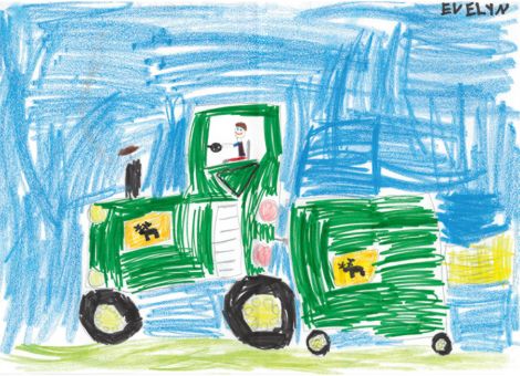 Evelyn (6 Jahre) aus Gilserberg hat uns dieses schöne Kunstwerk zugeschickt. Es zeigt ihren Papa im Traktor von John Deere beim Strohballenpressen.