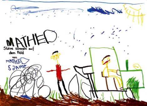 Sehr gefallen hat uns auch dieses tolle Bild, das Matheo (5 Jahre) aus Wendelsheim für die Kinderseite gemalt hat. Ihr seht da­rauf, wie sein Opa und sein Papa auf dem Feld die Steine einsammeln.