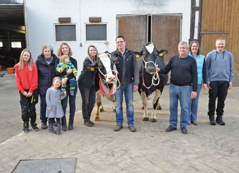 Auf dem Hof der Familie Braun in Ostheim wurden jetzt mit der Ramos-Tochter Veronika VG 85 und der Jelto-Tochter Bonate zwei weitere Kühe mit über 100 000 Liter Lebensleistung präsentiert. Die typischen Vererbungsmerkmale des Nutzungsdauerspezialisten Ramos waren auch bei Veronika gut festzustellen, denn diese 14-jährige Kuh ist nach wie vor sehr beweglich und das Euter sitzt noch tadellos. Mit dazu beigetragen haben sicherlich die überdurchschnittlichen Lebensleistungen bei ihren Vorfahren, aber auch mit ihrem Großvater Aerostar ist ein in diesem Merkmalskomplex sehr starker Vererber zu finden. Die sehr milchtypische Bonate hat die Erwartungen bei neun Abkalbungen und einem Durchschnitt von 10.555 - 3,85 - 3,09 mehr als erfüllt, denn sie wurde bei einer Bestandsaufstockung vom Betrieb Flach in Waltersbrück zugekauft. „Eigentlich“, so Walter und Thomas Braun, „war die Kuh seitens des Betriebes Flach nicht verkäuflich, aber wir haben nicht lockergelassen und diese erstklassige Färse dann doch erwerben können.“ Eine sehr gute Entscheidung, denn die enorme Lebensleistung unterstreicht die herausragende Veranlagung der Kuh. Aus diesem Anlass war auch Heike Flach von Qnetics zugegen, um der vor knapp 10 Jahren verkauften Kuh einen Besuch abzu­statten. Ein maßgeblicher Grund dafür, dass Familie Braun schon mehrfach Lebensleistungskühe präsentieren konnte, ist sicherlich auch die Verfügbarkeit von mehreren eingestreuten Ställen, die für frischmelkende oder auch ältere Kühe sehr wertvoll sind, so die einhellige Meinung aller Familienangehörigen. Auf dieser Basis ist sicher zu erwarten, dass auch in der kommenden Zeit weitere Kühe mit hohen Dauerleistungen von diesem Betrieb vorgestellt werden können.Text/Foto: Grünhaupt, LLH Kassel