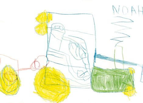 Der Landwirt, der hier auf dem Bild in seinem Traktor sitzt, guckt dem Bildbetrachter wie zum Gruß direkt ins Gesicht. Noah (6 Jahre) aus Altleiningen hat das wunderbare Bild gemalt.