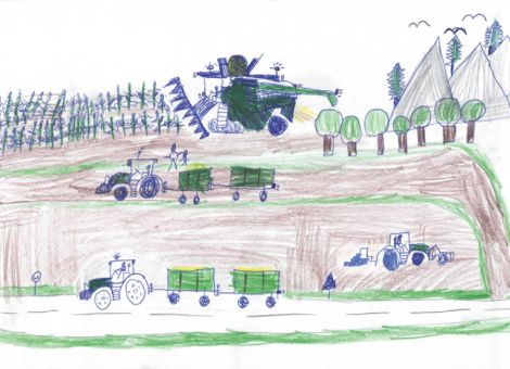 Auf diesem Bild hier seht ihr die Körnermaisernte (hinten) und den Abtransport der Maiskörner mit Traktoren und Anhängern. Vorne rechts im Bild ist die Einsaat von Weizen zu sehen. Philipp (9 Jahre) aus Langenselbold hat dieses tolle Kunstwerk gemalt. 