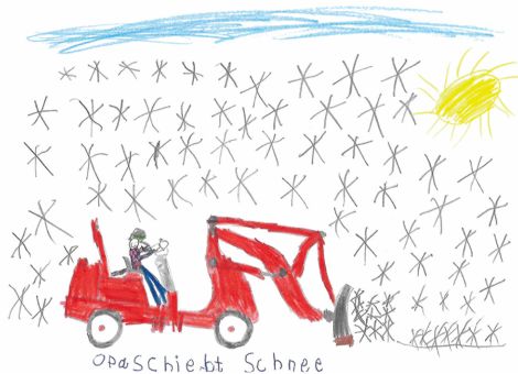 Felix (6 Jahre) aus Mücke, Ortsteil Ober-Ohmen, hat dieses tolle Kunstwerk für die Kinderseite gemalt. Es zeigt seinen Opa beim Schneeschieben mit dem Hoftrac.