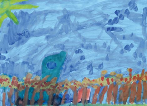 Adrian (7 Jahre) aus Gundersheim hat dieses schöne Kunstwerk für die Kinderseite gemalt. Es zeigt einen Fendt mit Mulcher im Weinberg.