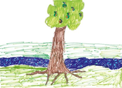 Salome (6 Jahre) aus Meißner hat dieses tolle Bild für die Kinderseite gemalt. Ihr seht darauf einen stattlichen Apfelbaum, der an einem Fluss steht.
