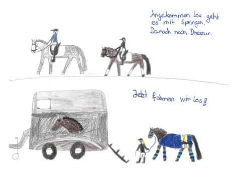 Katharina (12 Jahre) aus Guxhagen hat dieses tolle Bild für die Kinderseite gemalt. Sie reitet sehr gerne und nimmt auch an Turnieren teil. Auf dem Bild seht ihr, wie ein Turniertag beginnt.