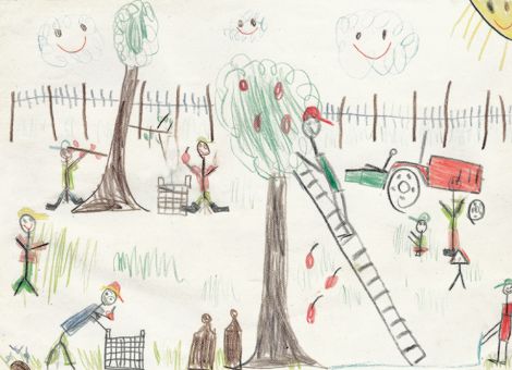Tim (7 Jahre) aus Birkenau hat dieses schöne Kunstwerk für die Kinderseite gemalt. Es zeigt ihn mit Cousin und Cousine sowie seinen Onkeln bei der Apfelernte im letzten Jahr.