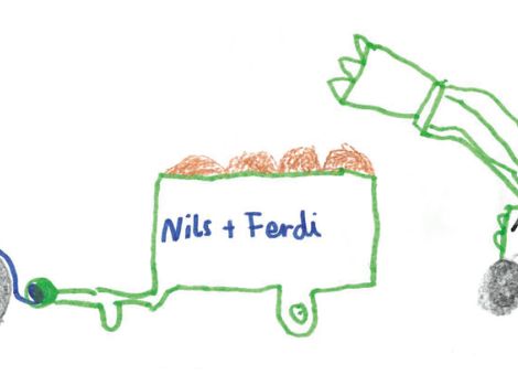 Nils (8 Jahre) aus Herbstein-Altenschlirf hat dieses tolle Bild für die Kinderseite gemalt. Ihr seht darauf  einen Traktor von New Holland mit Holzanhänger. Auf dem Holzanhänger steht neben dem Namen von Nils auch der Name seines kleinen Bruders Ferdi. Rechts im Bild ist ein MB-trac mit Frontlader zu sehen.