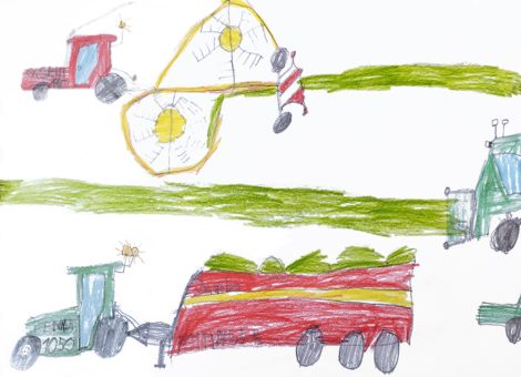 Ganz toll gelungen ist auch dieses Bild von Mats (8 Jahre) aus Großenlüder. Es zeigt oben einen Traktor mit Schwader und unten die Aufnahme und den Abtransport des Mähgutes zur Silagebereitung.