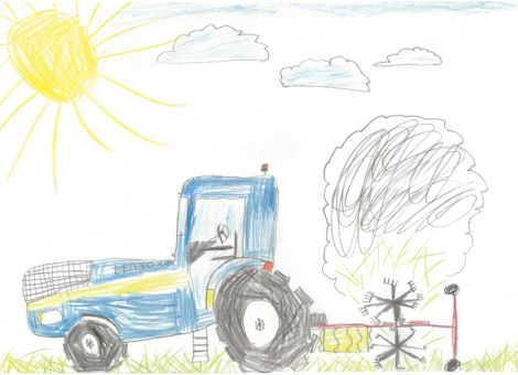 Lennox (6 Jahre) aus Langenselbold schaut gerne den großen Traktoren auf dem Feld zu. Auf seinem wunderbaren Bild, das er gemalt hat, seht ihr einen Schlepper, der gerade für das Heuwenden eingesetzt wird. 