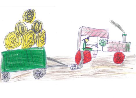 Ben (9 Jahre) aus Alsbach-Hähnlein hat dieses tolle Bild gemalt. Ihr seht da­rauf einen Landwirt, der gerade die Rundballen im Anhänger wegfährt.