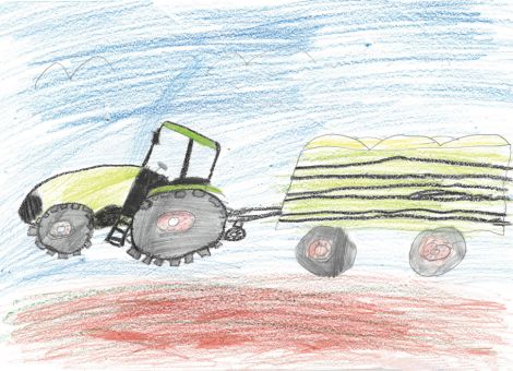 Der Traktor steht mit dem  beladenen Anhänger zur Abfahrt bereit. Es fehlt nur noch die Landwirtin, die einsteigt und wegfährt – oder der Landwirt. Hannah (11 Jahre) aus Gernsheim hat dieses tolle Kunstwerk gemalt.