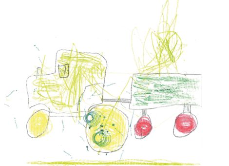 Sehr gefallen hat uns auch dieses wunderbar farbenfrohe Bild von einem Traktor mit Anhänger. Jonathan (3 Jahre) aus Bensheim hat es gemalt.