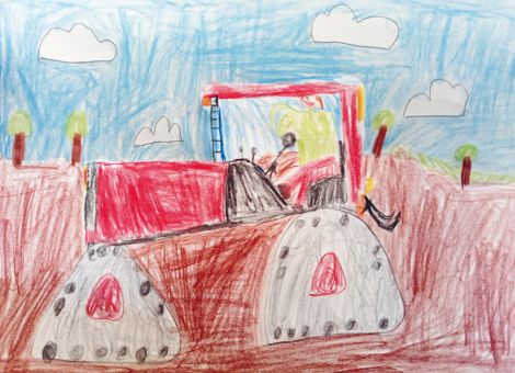 Hugo (7 Jahre) aus Petersberg mag Kettenfahrzeuge und hat daher diesen tollen Raupentraktor von Case für die Kinderseite gemalt. Diese Traktoren haben den Vorteil, dass ihre Ketten das Gewicht des schweren Fahrzeugs besser auf die Fläche verteilen. Dadurch ist der Druck auf den Boden nicht so hoch und der Boden wird geschont.