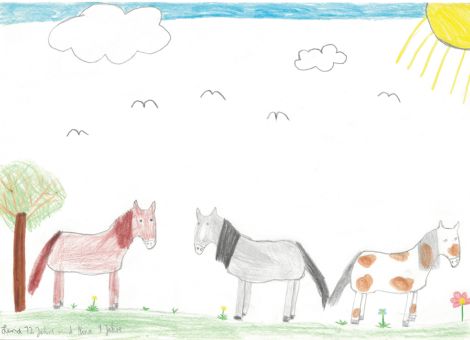 Drei prächtige Pferde stehen hier auf einer Weide und lassen sich das saftige grüne Gras schmecken. Lena (12 Jahre) und Nina (9 Jahre) aus Böhl-Iggelheim haben gemeinsam dieses schöne Bild für die Kinderseite gemalt. 