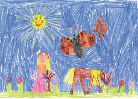 Dieses wunderbare Frühlingsbild hat Rosa (5 Jahre) aus Petersberg-Margretenhaun gemalt. Ihr seht darauf ein Mädchen mit seinem Pferd auf einer herrlich blühenden Wiese. 