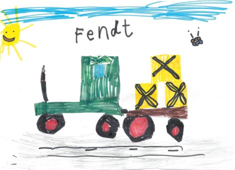 Leonie (7 Jahre) aus Hofbieber hat dieses tolle Kunstwerk für die Kinderseite gemalt. Ihr seht darauf einen Fendt-Traktor mit einem Anhänger voller Strohballen.