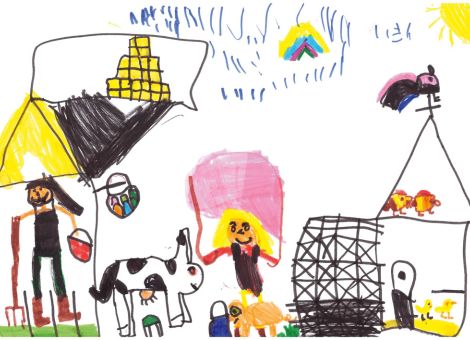 Celine (6 Jahre) aus Stuttgart war zu Besuch bei ihrer Oma in Speyer und hat dort dieses wunderbare Bild gemalt. Es zeigt einen Bauernhof mit Kühen, Hühnern und Schweinen. Der Bauer (links) mistet gerade den Kuhstall aus. Am Hühnerstall (rechts) ist ein Gitter zu sehen als Schutz vor dem Fuchs. Das Mädchen (Mitte) landet gerade mit einem Fallschirm im Hof. 