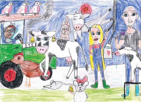Emelie (9 Jahre) aus Ulrichstein/Unter-Seibertenrod hat dieses tolle Kunstwerk gemalt. Auf diesem Bauernhof fühlen sich Menschen und Tiere sehr wohl, wie man deutlich erkennen kann. Zählt mal, wie viele Tiere ihr entdecken könnt. 