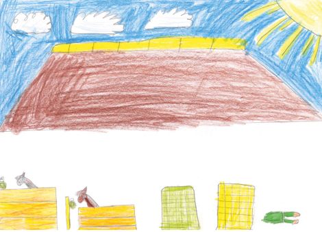 Dieses wunderbare Bild hat Svea (9 Jahre) aus Nidderau gemalt. Ihr seht darauf einen Pferdestall. Die Pferde fressen aus Heunetzen. Rechts steht eine Schubkarre und daneben lagern frisches Heu und Stroh.