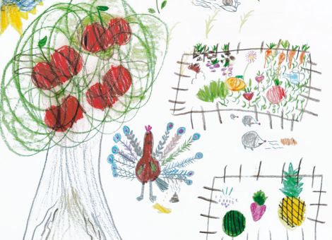 Sofia (7 Jahre) aus Modautal-Hoxhohl hat einen wundervollen Garten gemalt, in dem ein riesiger Obstbaum wächst und weitere zahlreiche Obst- und Gemüsesorten geerntet werden können. Außerdem fühlen sich auch sehr viele Tiere darin wohl. Ihr könnt Igel entdecken, einen Hamster, eine Schnecke und einen farbenprächtigen Pfau. 