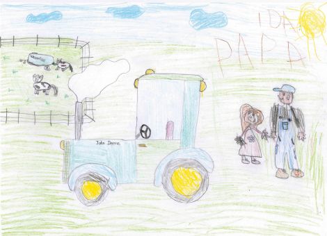 Ida (6 Jahre) aus Niederaula-Hattenbach hat dieses tolle Bild gemalt. Es zeigt, wie sie gerade mit ihrem Papa das Wasserfass zu den Kühen auf die Weide gefahren hat.