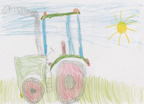 Hier seht ihr einen Traktor am Wiesenrand stehen. Fiete (6 Jahre) aus Birstein-Wüstwillenroth hat dieses tolle Kunstwerk gemalt.