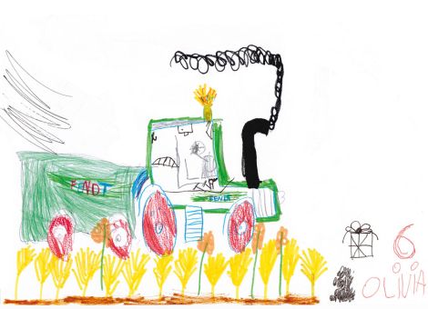 Olivia (6 Jahre) aus Ober-Flörsheim hat dieses tolle Bild gemalt. Ihr seht da­rauf einen Traktor von Fendt mit Anhänger, der am Rande eines Getreidefeldes steht. 