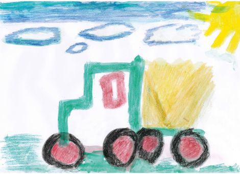 Jannis (9 Jahre) aus Twistetal-Elleringhausen hat mit Wasserfarben und Buntstiften diesen wunderbaren Traktor mit Anhänger gemalt.