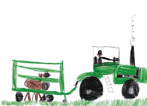 Emilia (8 Jahre) aus Dipperz hat dieses tolle Bild gemalt. Es zeigt, wie ihr Papa mithilfe eines Treibwagens die Kühe an einen anderen Ort bringt.
