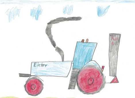 Die Firma Eicher hat früher in Deutschland Traktoren hergestellt. Jannis (7 Jahre) aus Fehl-Ritzhausen ist wie sein Opa ein großer Fan dieser Traktoren. Einen davon seht ihr hier links auf dem wunderbaren Bild von Jannis.