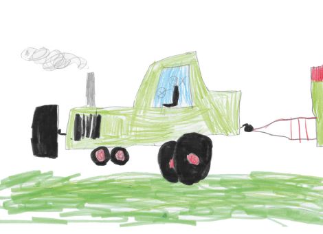 Von Rosalie (7 Jahre) aus Neuhof-Hattenhof erhielten wir dieses sehr schöne Bild. Es zeigt einen Landwirt, der mit Traktor und Anhänger über eine Wiese fährt.