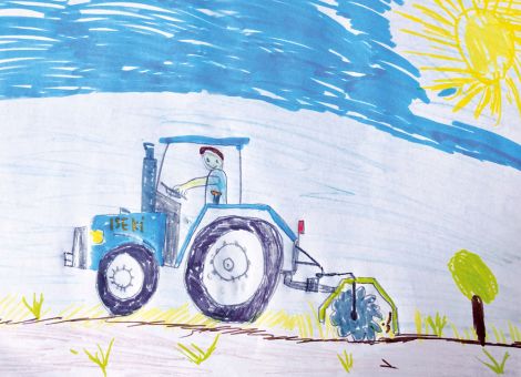 Auf diesem tollen Bild von Robin (8 Jahre) aus Wiesbaden seht ihr einen Landwirt mit seinem Iseki-Traktor bei der Bodenbearbeitung.