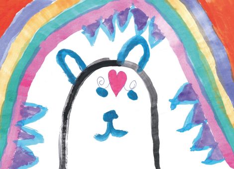 Dieses Bild ist wie ein Blick ins Märchenland. Ihr seht darauf einen Regenbogen mit vielen bunten Farben, unter dem ein niedlicher kleiner Bär steht. Mathilda (6 Jahre) aus Welgesheim hat das wunderbare Bild gemalt.