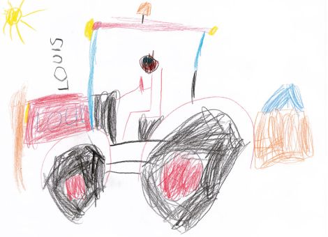 Louis (6 Jahre) aus Schlüchtern-Breitenbach hat in Erinnerung an den letzten Winter dieses tolle Bild gemalt. Es zeigt einen Schlepper mit Schneeräumschild an der Vorderseite (Front) und Salzstreuer hinten (Heck). An die Stelle des Auspuffs hat er seinen Namen in Schwarz geschrieben.