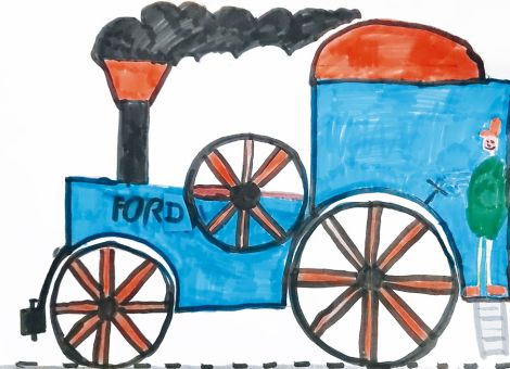 Mehr als 100 Jahre ist es her, dass man Dampftraktoren nutzte. Levi (9 Jahre) aus Mücke-Nieder-Ohmen zeigt euch mit seinem ganz wunderbaren Bild einen solchen Dampftraktor.