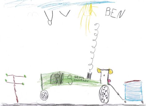 Ben (6 Jahre) aus Bruchköbel hat dieses wunderbare Bild für die Kinderseite gemalt. Ihr seht darauf einen Deutz-Traktor mit einem Anhänger der Firma Mengele. Der Anhänger ist mit Erde gefüllt.
