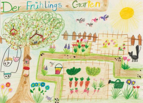 Sofia (8 Jahre) aus Modautal-Hoxhohl hat diesen wunderbaren farbenfrohen Frühlingsgarten gemalt. Darin gibt es viel zu entdecken. Schaut genau hin!
