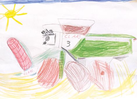 Leo (6 Jahre) aus Freiensteinau-Gunzenau hat dieses tolle Kunstwerk gemalt. Es zeigt einen Mähdrescher von Claas mit klappbarem Schneidwerk.