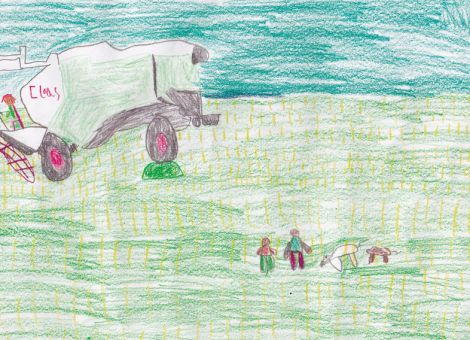 Lenny (10 Jahre) aus Dillenburg-Oberscheld hat dieses tolle Bild gemalt. Darauf seht ihr zwei Kinder, darunter Lenny selbst, mit ihren beiden Hunden. Der Opa von Lenny sitzt in seinem Mähdrescher.