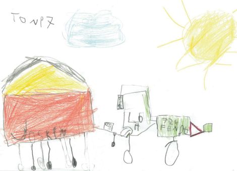 Toni (7 Jahre) aus Modautal hat dieses wunderbare Bild gemalt. Ihr seht darauf einen Fendt-Traktor mit einem Joskin-Anhänger. Der Anhänger ist mit Weizen beladen. Das Getreide wurde zum Schutz mit einer Plane abgedeckt.