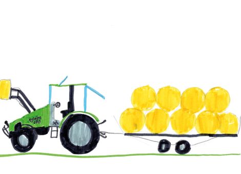 Hier werden gerade die Rundballen abtransportiert. Das Kunstwerk mit Traktor und Anhänger hat Mats aus Sinntal-Schwarzenfels für die Kinderseite gemalt. Mats ist 12 Jahre alt.