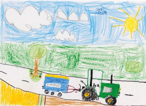 Carl Oscar (5 Jahre) aus Bad Arolsen hat dieses tolle Kunstwerk gemalt. Es zeigt den Trecker seines Opas während eines Ernteeinsatzes. Der angehängte Dreiachser ist mit einer großen Menge Getreide beladen.